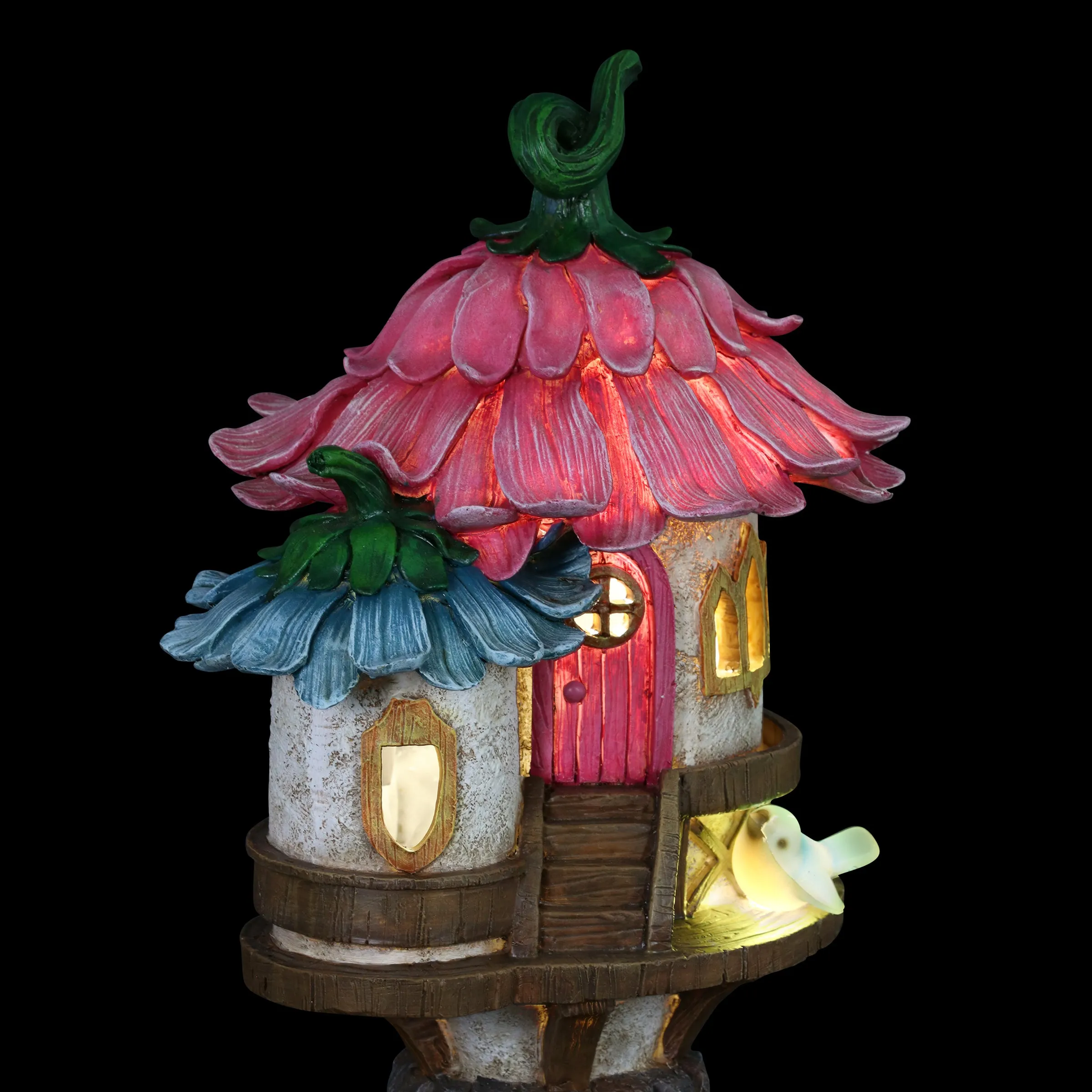 Solar Pink and Blue Flower Roof Fairy House Statue, 17 Inches tall