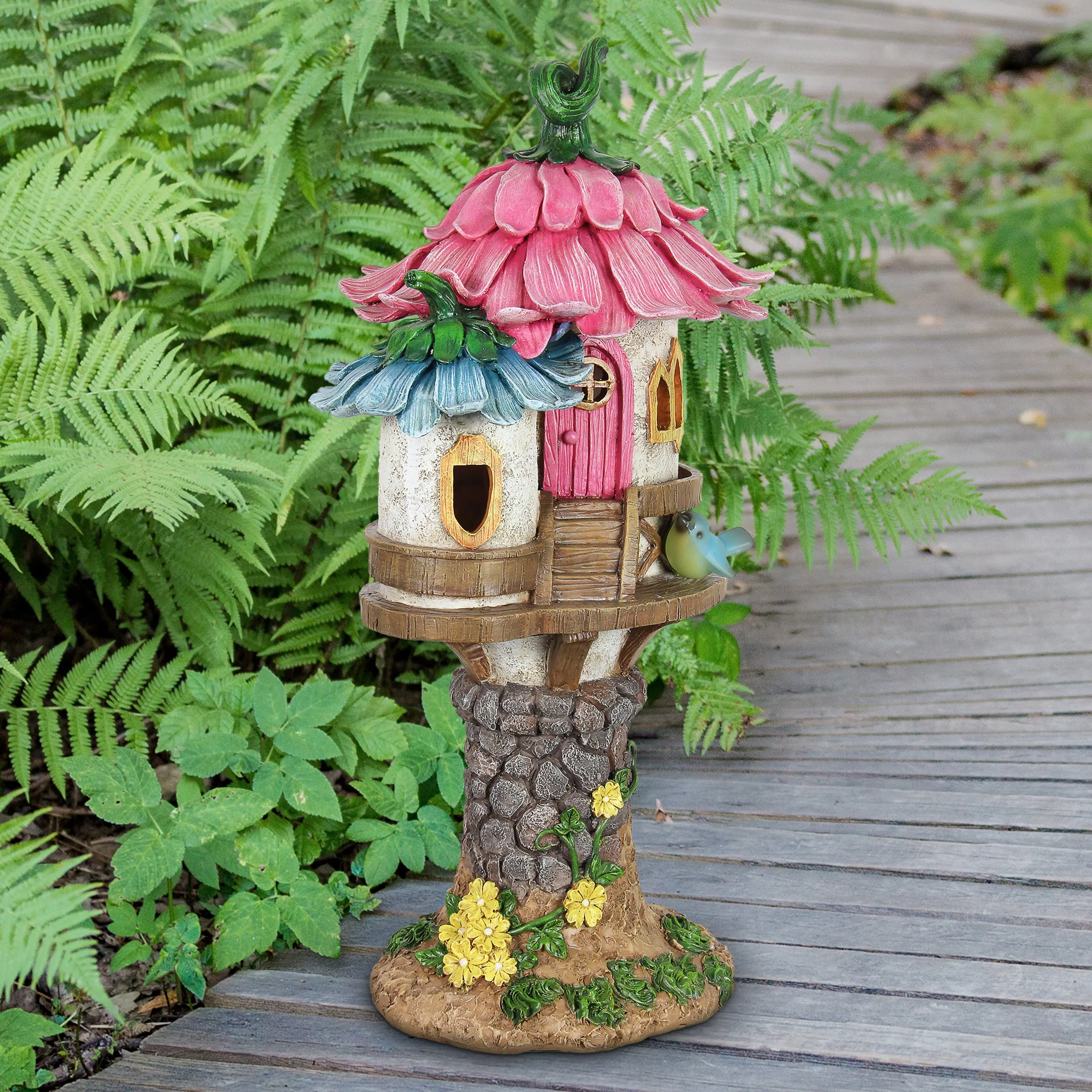 Solar Pink and Blue Flower Roof Fairy House Statue, 17 Inches tall