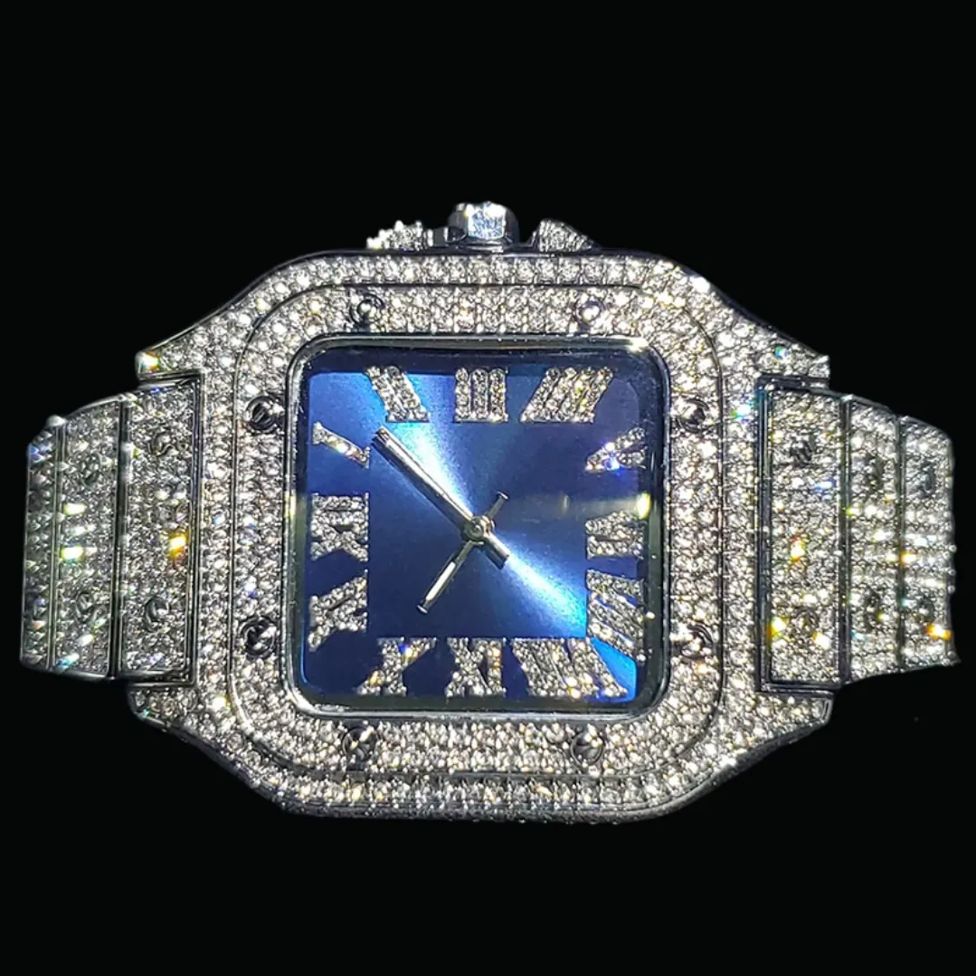 Square Blue Dial VVS Numerals Iced Out Diamond Watch