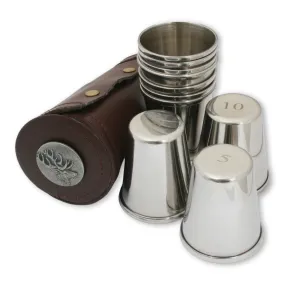 Stag Designed 1-10 Numbered Stirrup Cups Stacked In Brown Leather Case (4oz Cups)