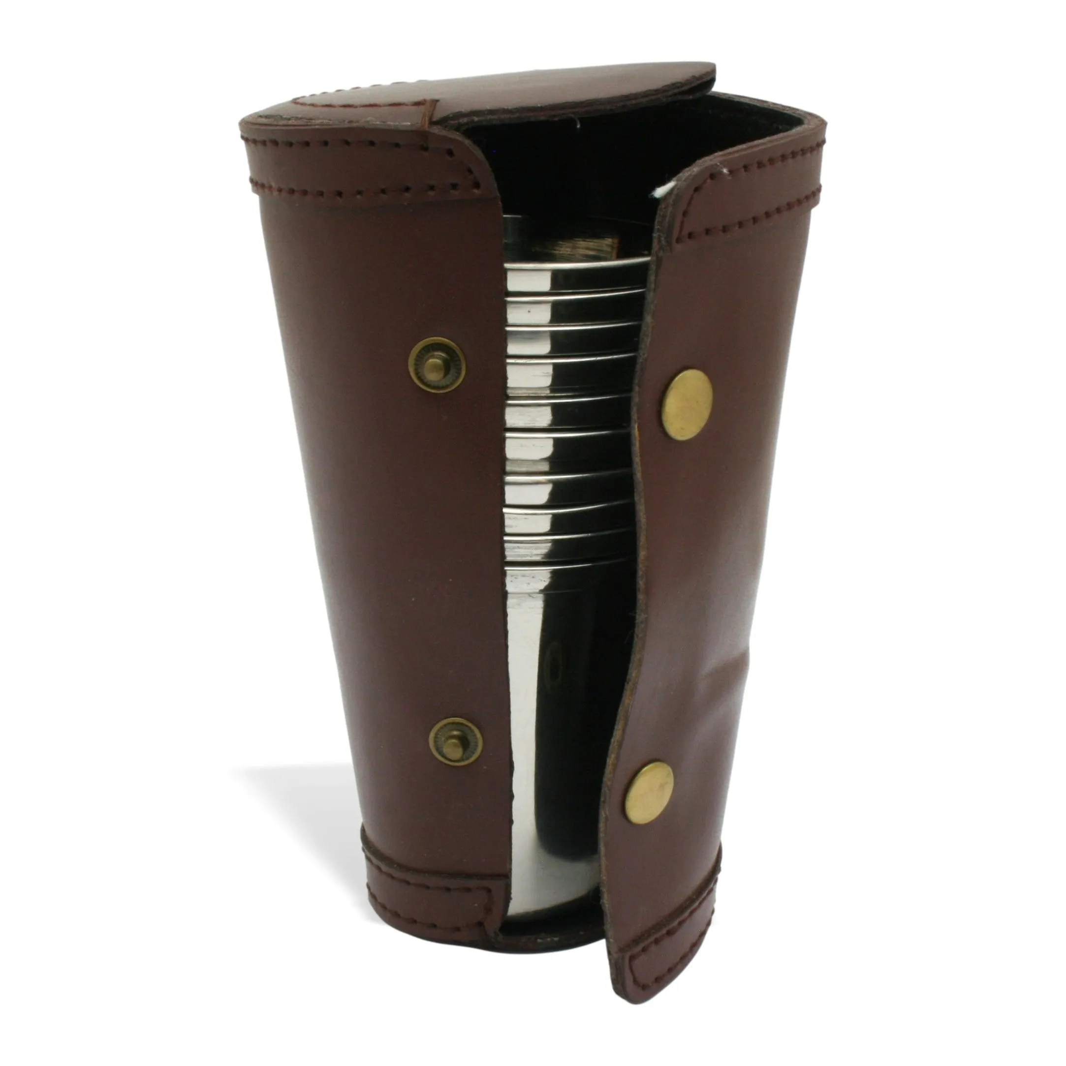 Stag Designed 1-10 Numbered Stirrup Cups Stacked In Brown Leather Case (4oz Cups)