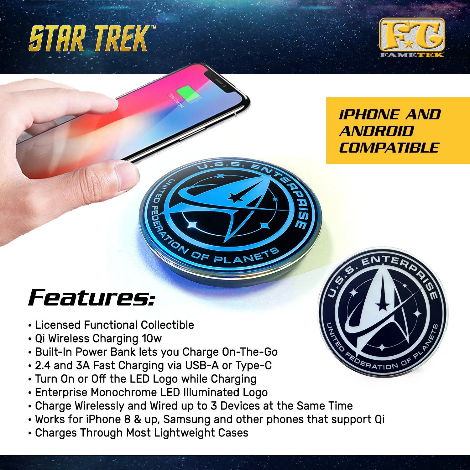 Star Trek Qi Wireless Charger With Illuminated ENTERPRISE Emblem & Built-In Power Bank