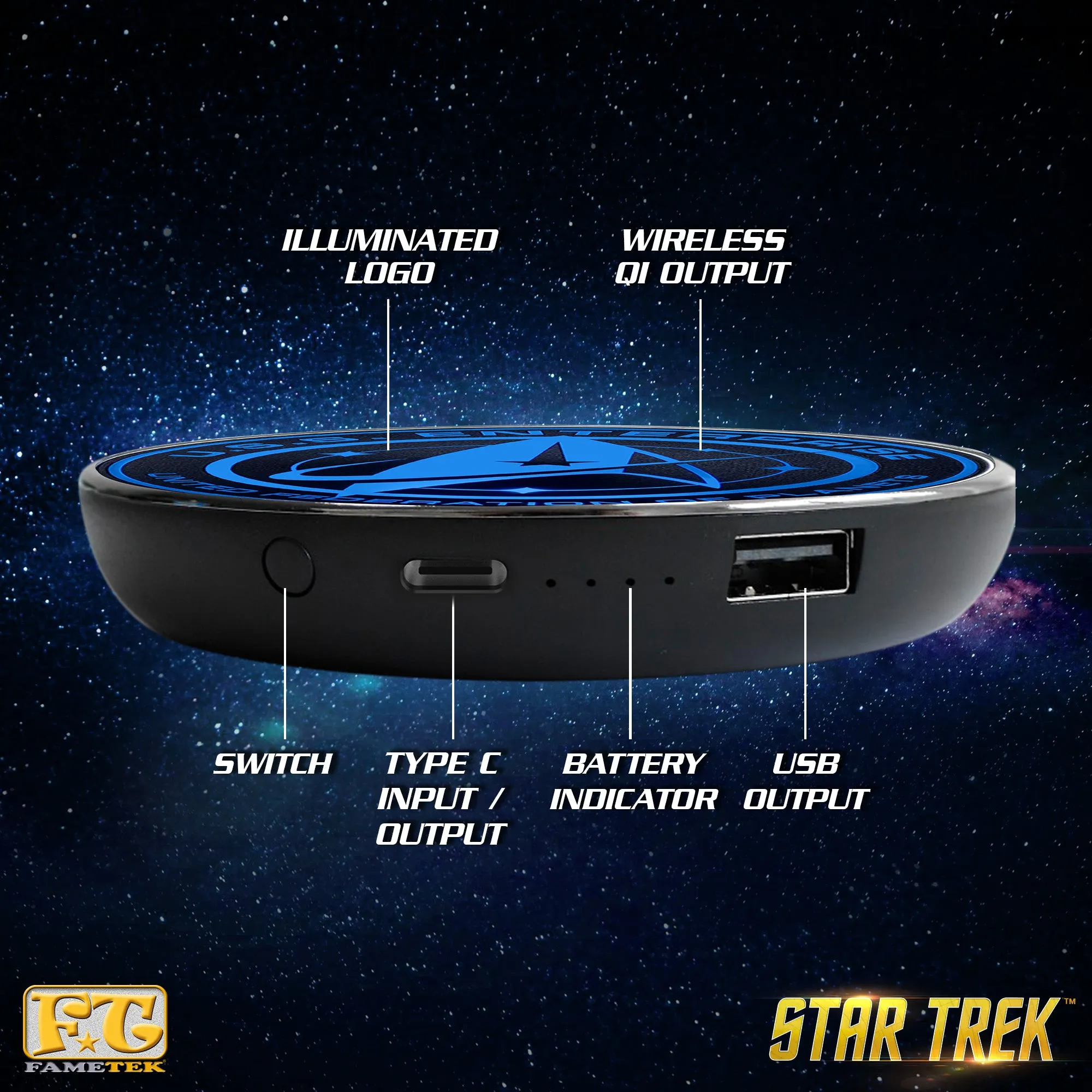 Star Trek Qi Wireless Charger With Illuminated ENTERPRISE Emblem & Built-In Power Bank