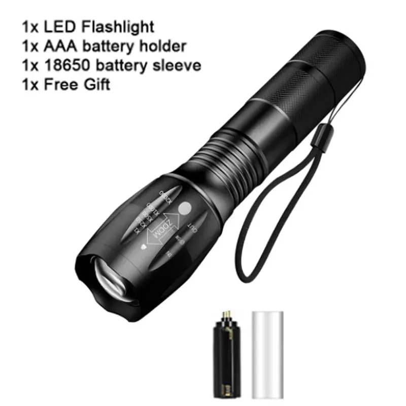 Strong Light T6 LED Flashlight Zoomable Torch 5 Lighting Modes Aluminum Alloy Outdoor Camping Light Waterproof Material