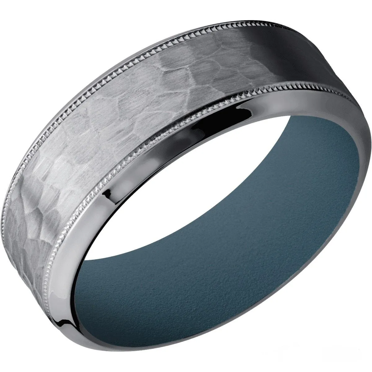 Tantalum Hammered 8mm Wedding Ring with Milgrain Detail and Stone Blue Cerakote Inner Sleeve