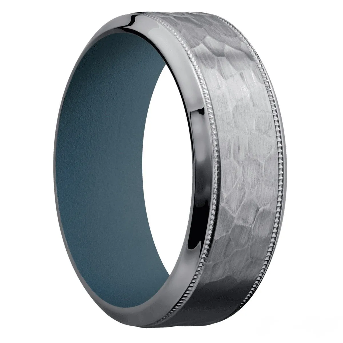 Tantalum Hammered 8mm Wedding Ring with Milgrain Detail and Stone Blue Cerakote Inner Sleeve