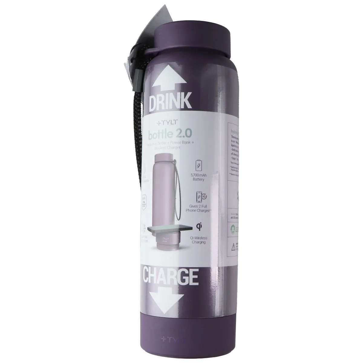 TYLT Bottle 2.0 Hydration Bottle with Power Bank and Wireless Charger - Purple