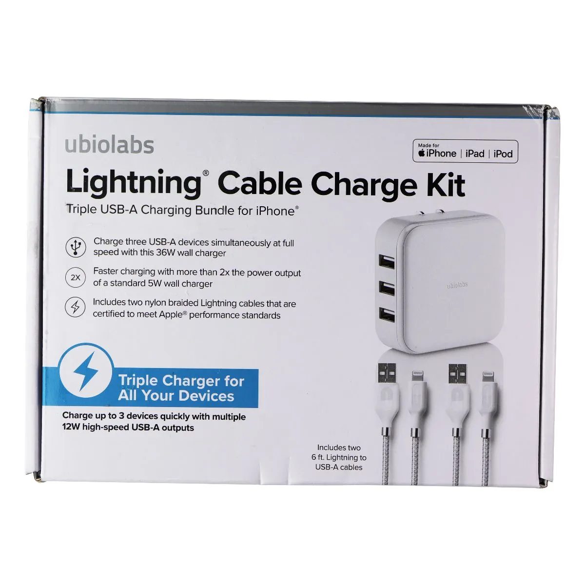 Ubiolabs 8-Pin to USB-A Cable Charge Kit w/ Wall Adapter and Cables - White(36W)