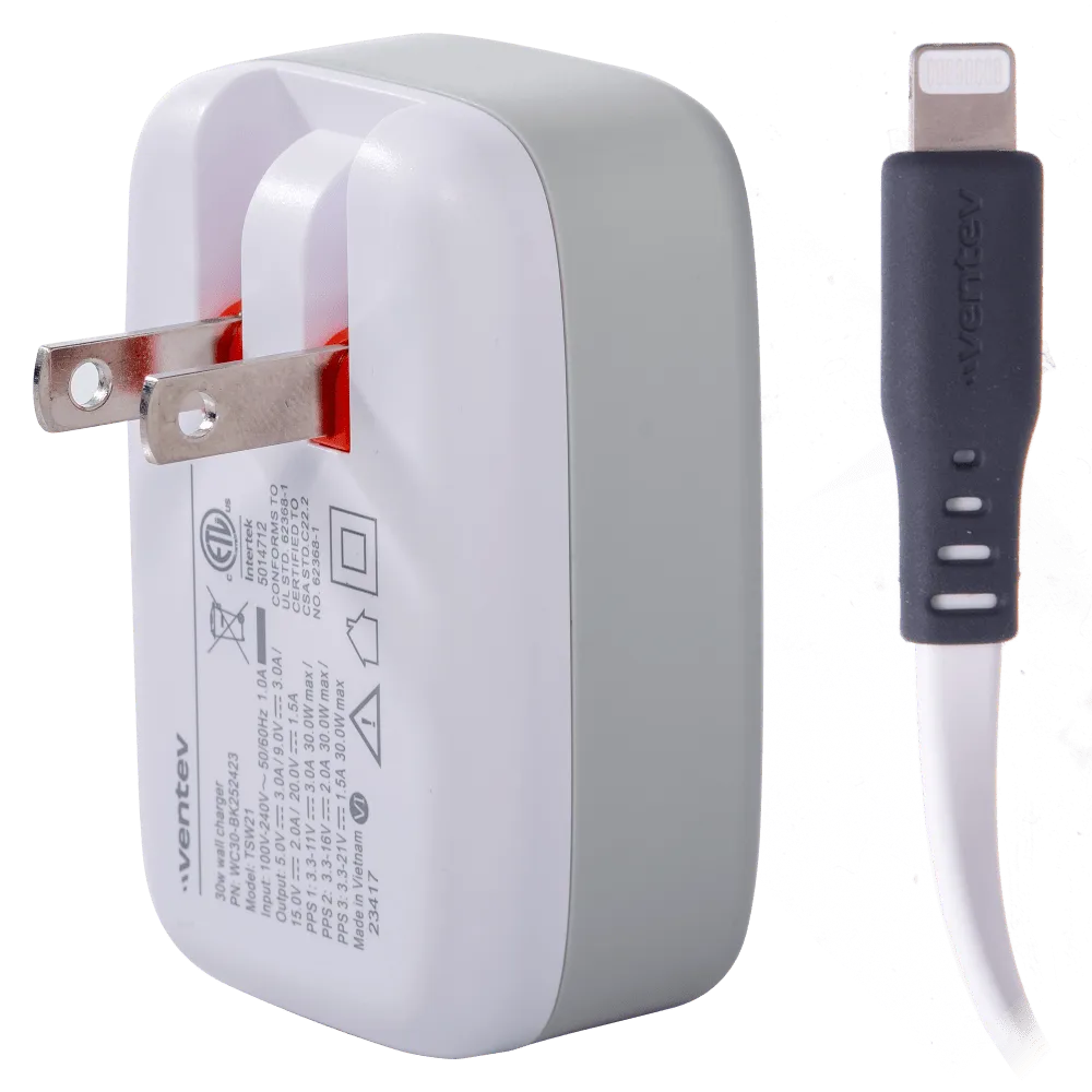 Ventev 30W Wall Charger and USB C to Apple Lightning Cable White by Ventev