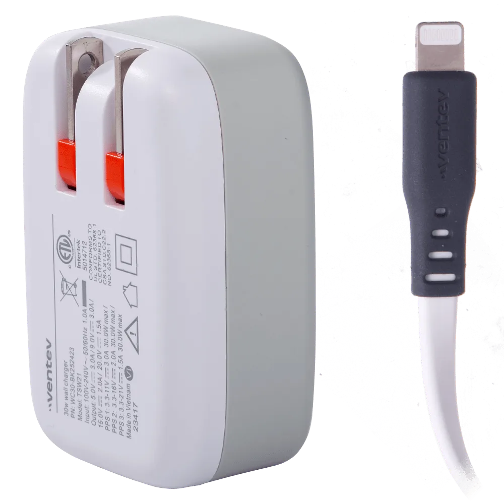 Ventev 30W Wall Charger and USB C to Apple Lightning Cable White by Ventev