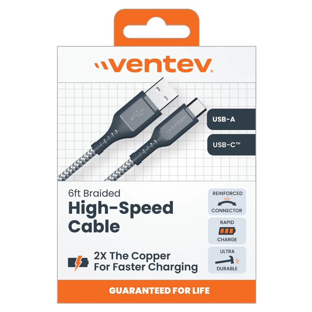 Ventev High Speed USB A to USB C Braided Cable with 2x the Copper for Faster Charging 6ft Gray by Ventev