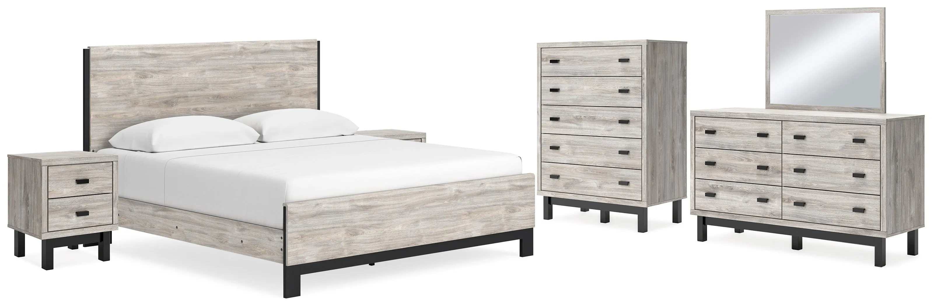 Vessalli King Panel Bed with Mirrored Dresser, Chest and 2 Nightstands in Gray