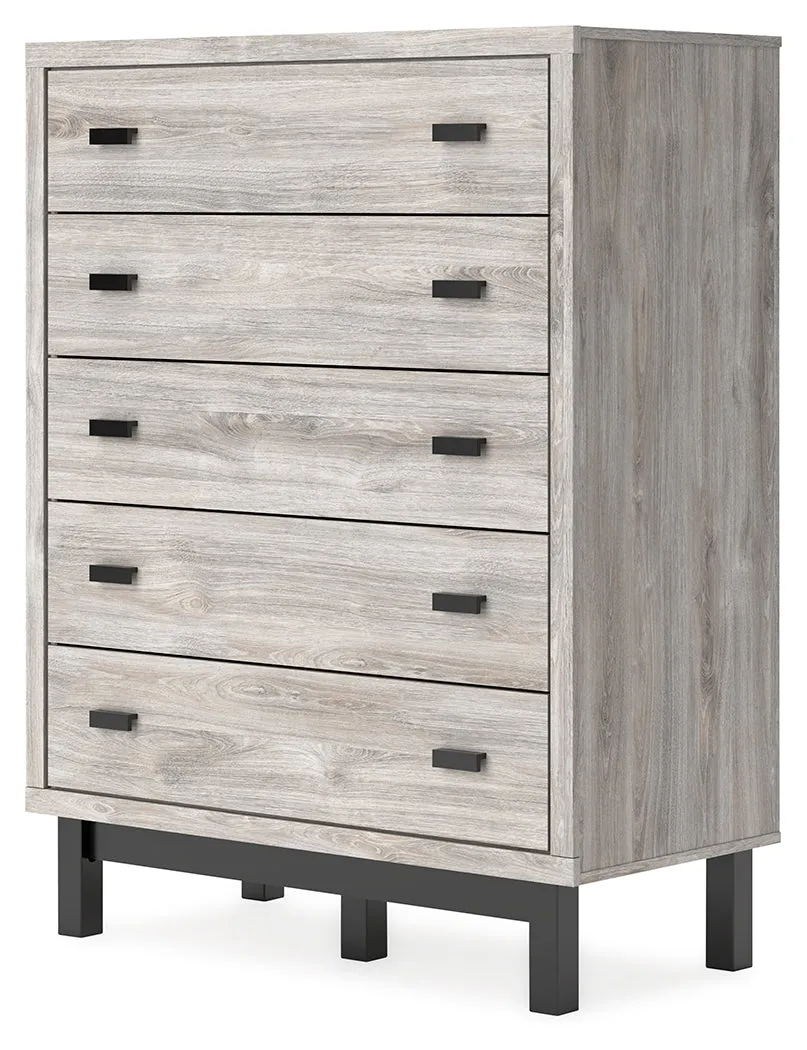 Vessalli King Panel Bed with Mirrored Dresser, Chest and 2 Nightstands in Gray