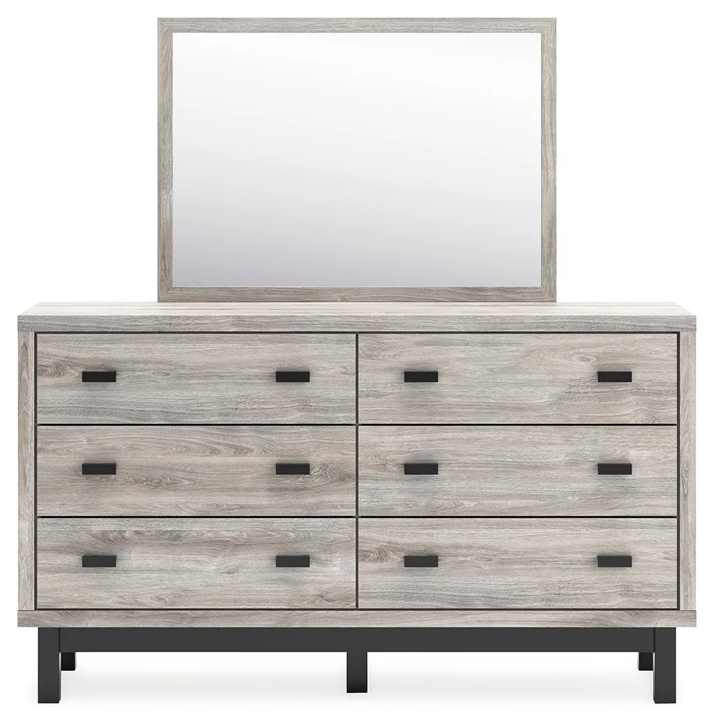 Vessalli King Panel Bed with Mirrored Dresser, Chest and 2 Nightstands in Gray