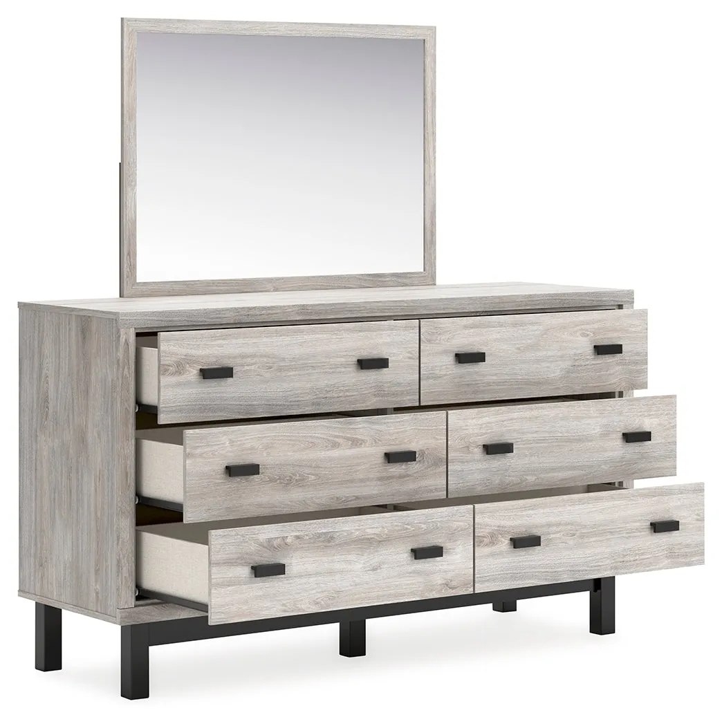 Vessalli King Panel Bed with Mirrored Dresser, Chest and 2 Nightstands in Gray