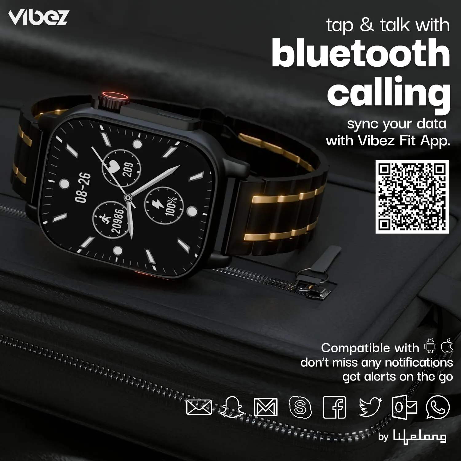 Vibez by Lifelong New Launch Smart Watch for Men -60 Day Battery 950mAH -2.02” Ultra HD Display & 900 NITS Men's Smartwatch -Stainless Steel Dial & BT Calling (Pacific, Black)