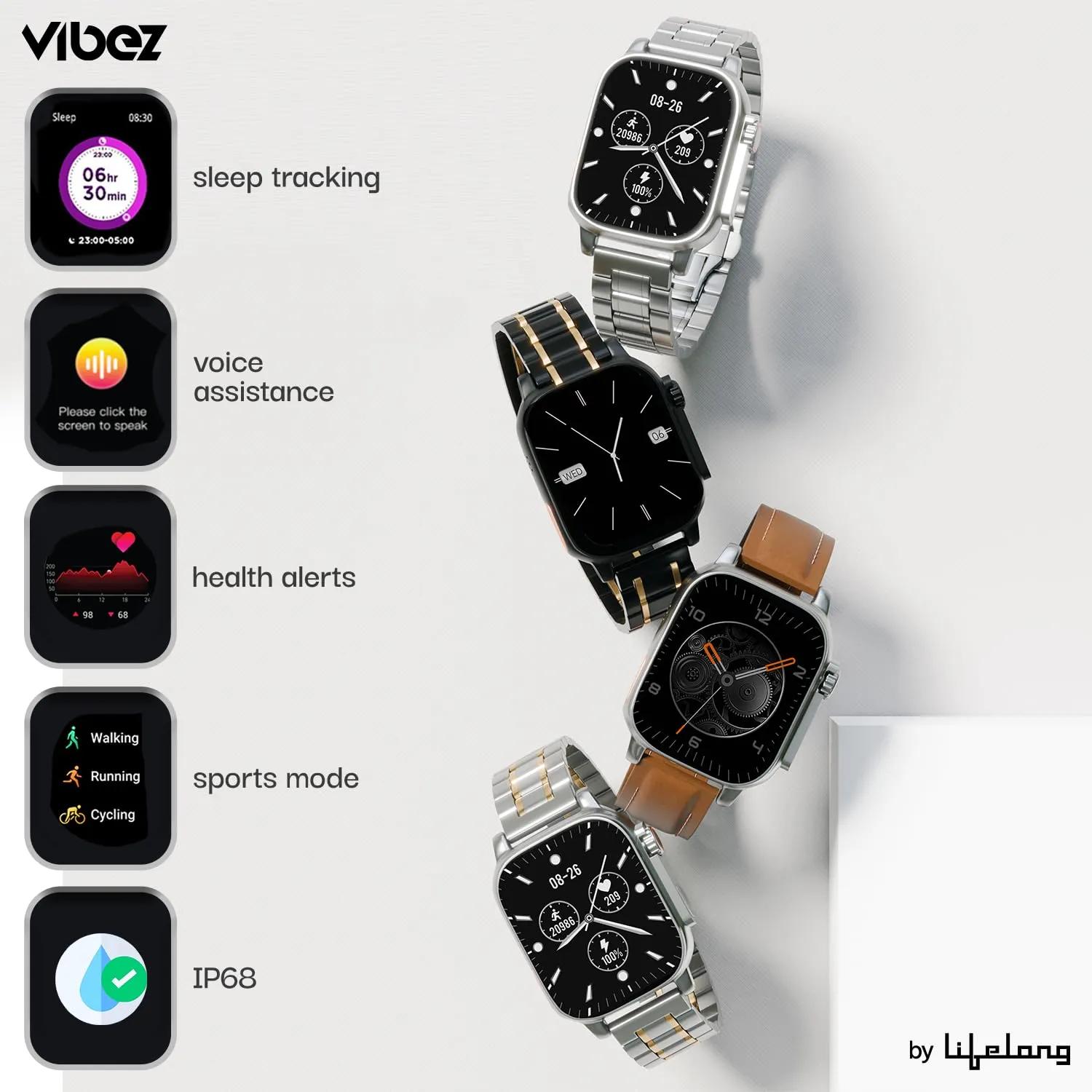 Vibez by Lifelong New Launch Smart Watch for Men -60 Day Battery 950mAH -2.02” Ultra HD Display & 900 NITS Men's Smartwatch -Stainless Steel Dial & BT Calling (Pacific, Black)