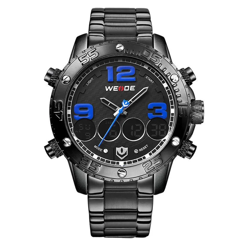 WEIDE New Men Watch Luxury Brand Watch Analog Digital Dispaly Steel Band Multifunction Sport Watch