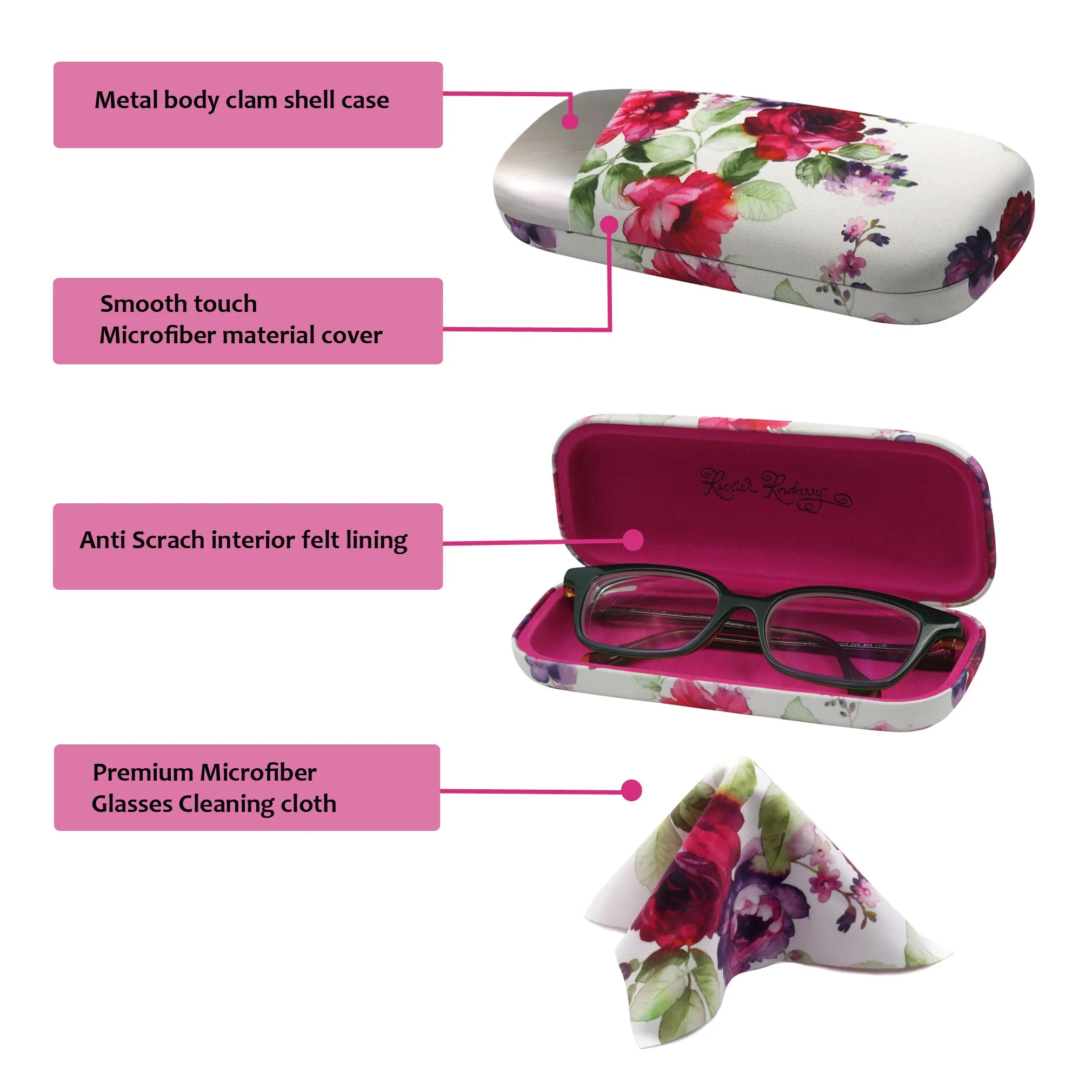 Women glasses case - Hard Floral Eyeglasses Case with Pouch & Cloth - Medium Frames (AS126 Cranberry Rose)