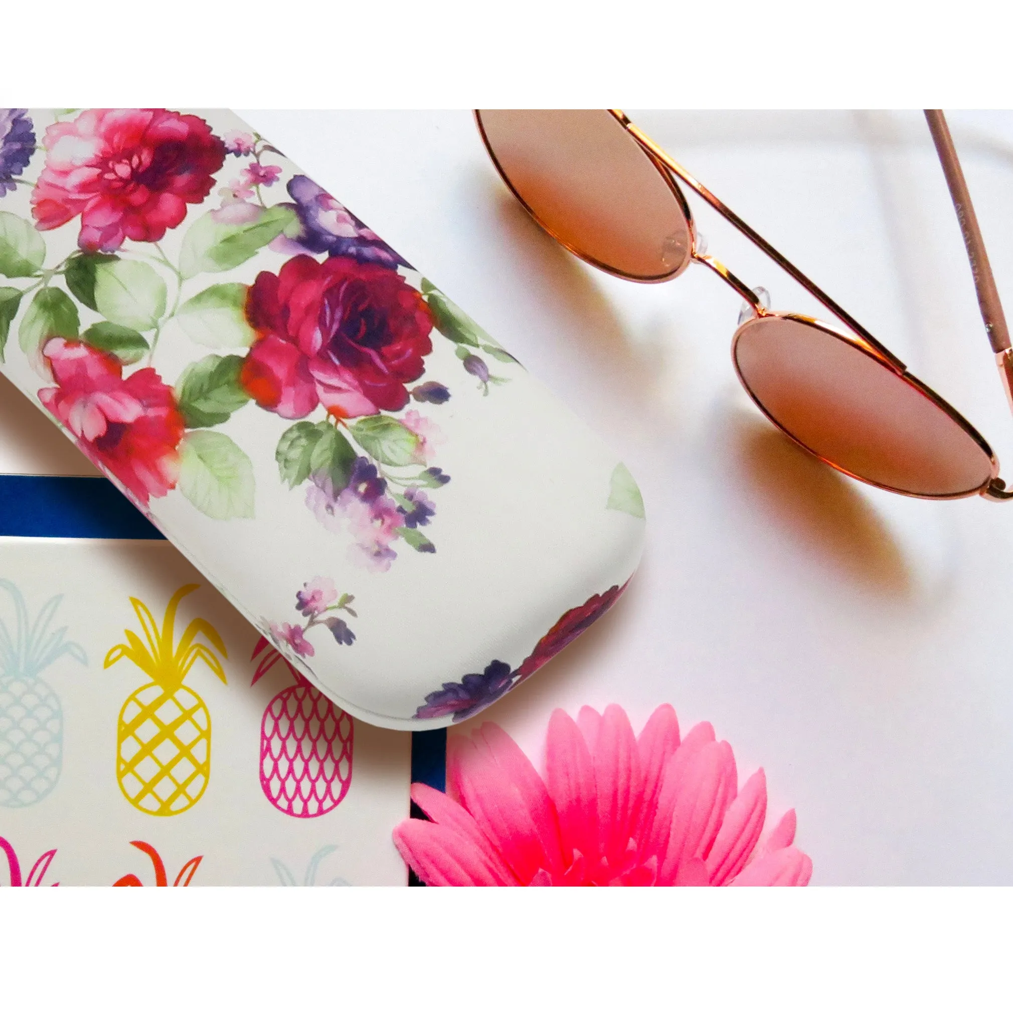 Women glasses case - Hard Floral Eyeglasses Case with Pouch & Cloth - Medium Frames (AS126 Cranberry Rose)