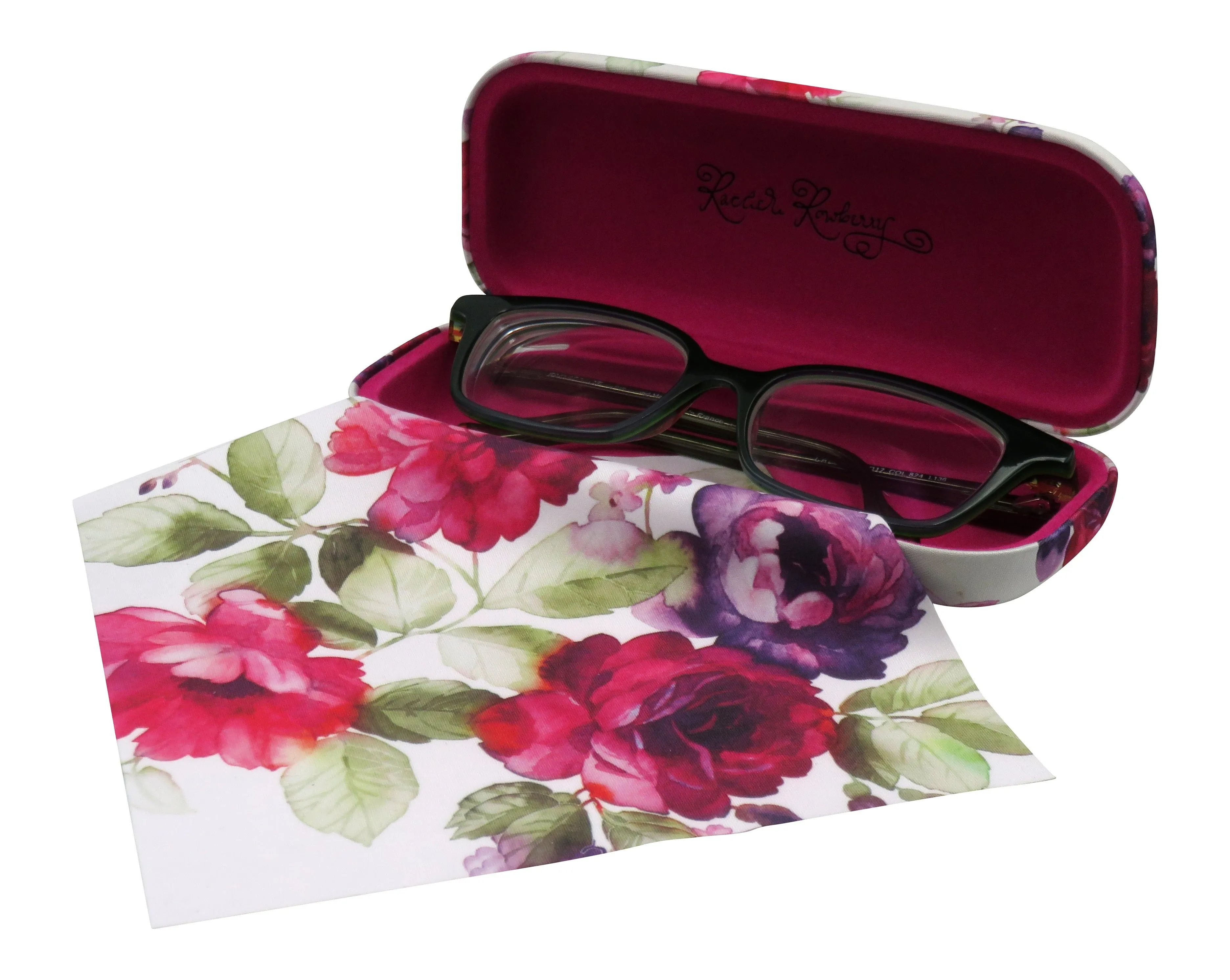 Women glasses case - Hard Floral Eyeglasses Case with Pouch & Cloth - Medium Frames (AS126 Cranberry Rose)