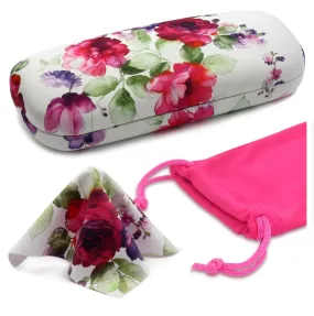 Women glasses case - Hard Floral Eyeglasses Case with Pouch & Cloth - Medium Frames (AS126 Cranberry Rose)