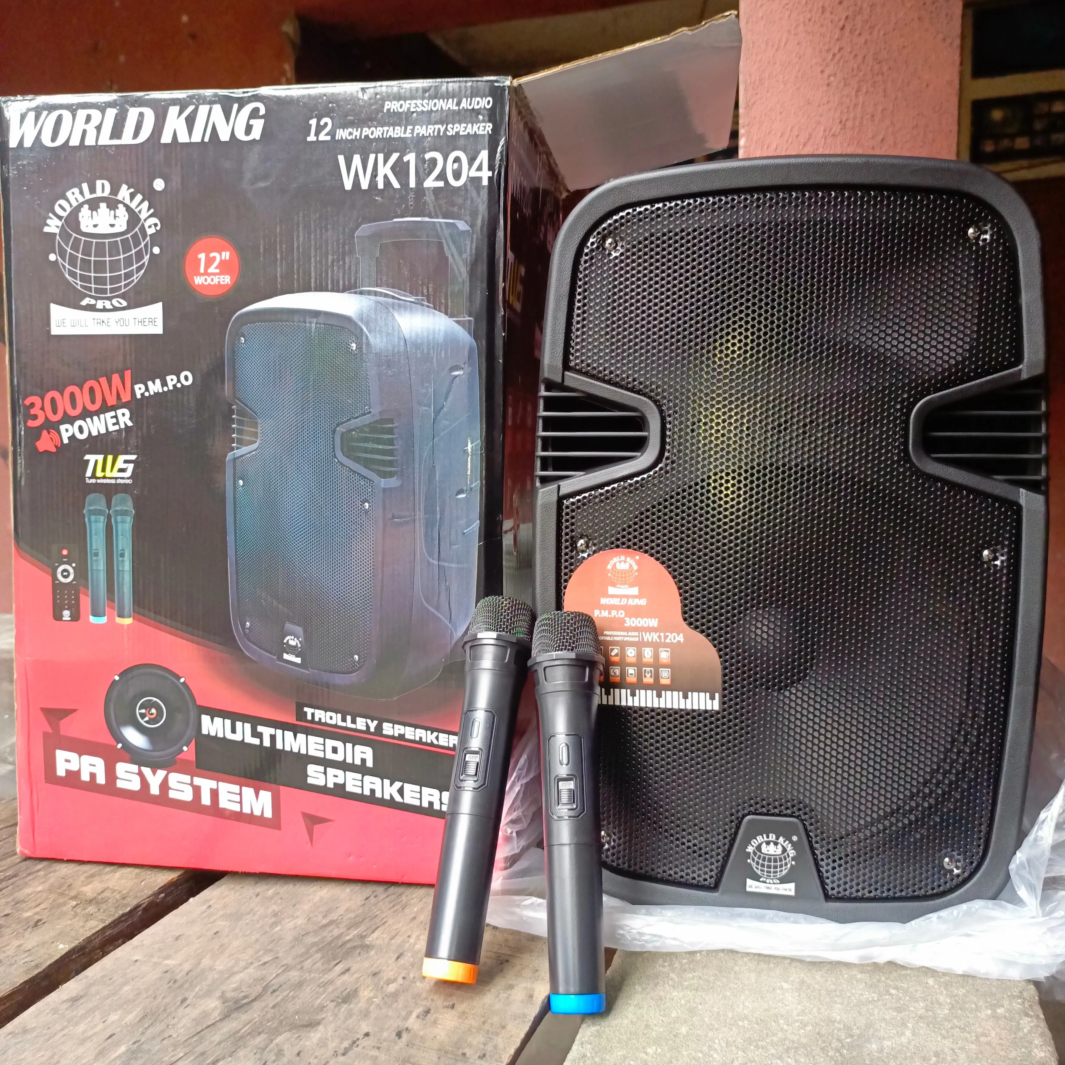 World King WK1204 12-inch Professional PA Multimedia Loudspeaker with Dual Wireless Microphone - Brand New