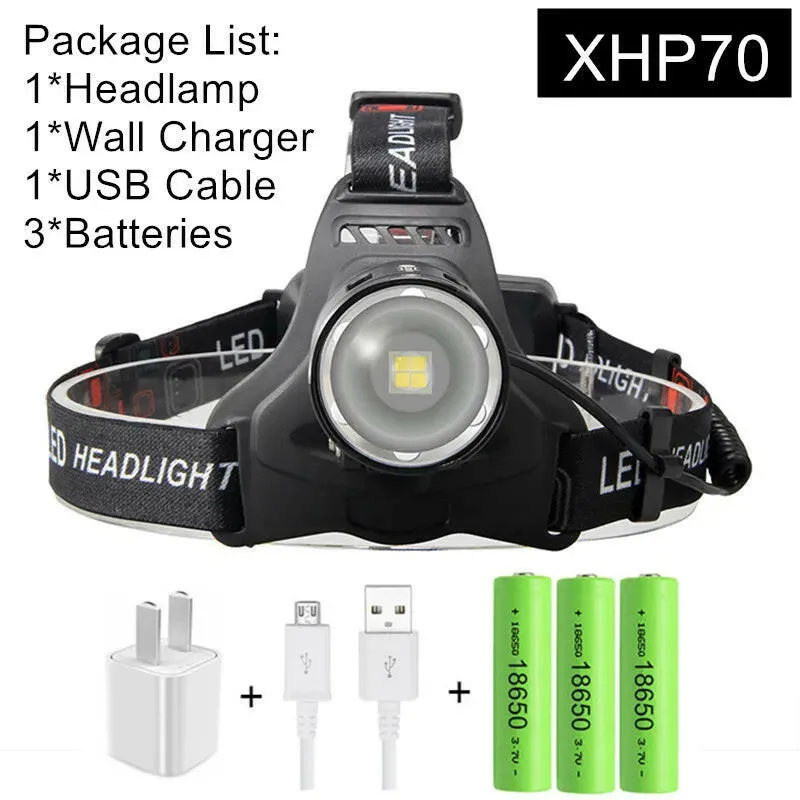 XHP70.2 XHP70 USB Headlight 90000LM Led Headlamp LED Rechargeable Head Torch Flashlight Lantern 3*18650 battery Powerbank