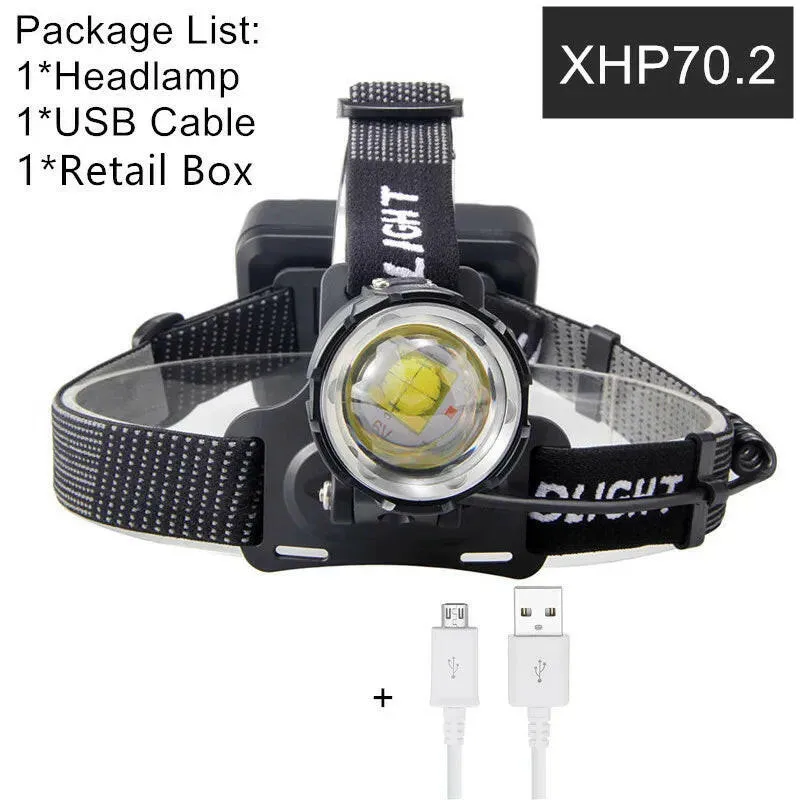 XHP70.2 XHP70 USB Headlight 90000LM Led Headlamp LED Rechargeable Head Torch Flashlight Lantern 3*18650 battery Powerbank