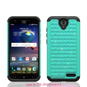 ZTE Grand X3, ZMAX Grand, ZMAX Champ, Warp 7, Avid 916 Case, Rhinestone Case Cover, Slim Hybrid Dual Layer[Shock Resistant] Crystal Rhinestone Studded Case Cover - Teal/Black